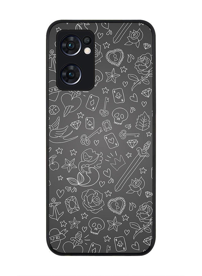 Stylizedd Rugged Black edge case for Oppo Reno7 5G  Slim fit Soft Case Flexible Rubber Edges Anti Drop TPU Gel Thin Cover - Doodles - Image 1
