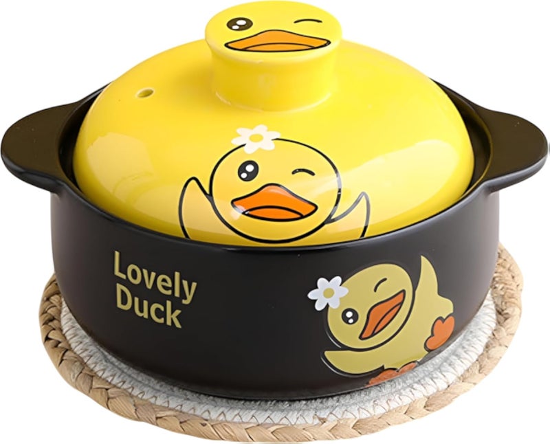 Yellow Duck Casserole Pot – 1.8L Premium Ceramic Pot with Airtight Lid – for Cooking Soups, Stews, Hot Food on Direct Flame – Elegant Art Design for Serving Generic