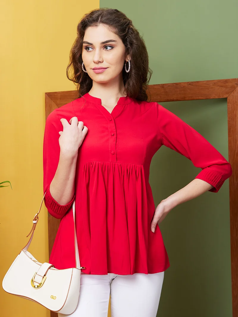 Women Rose Opaque Mandarin Collar Longline Top