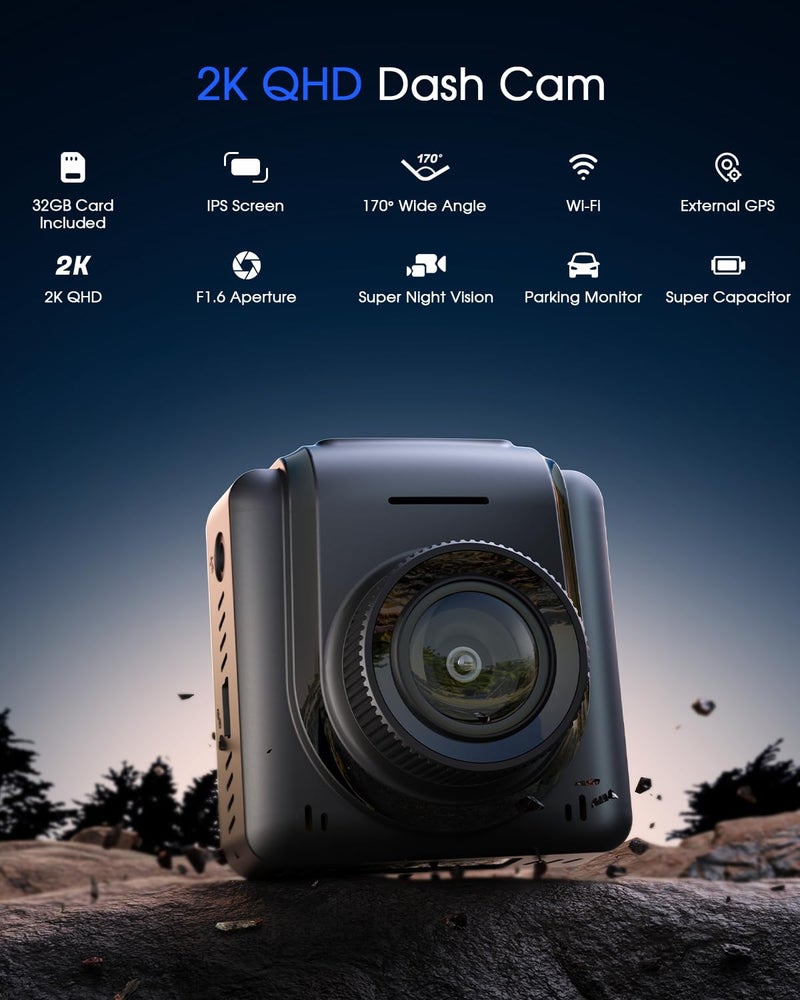 Avylet 2K Dash Cam with 32 GB Card, 1.5'' IPS Screen, External GPS, WiFi Dash Camera for Cars, Front Dashcams for Cars with APP, WDR, Night Vision, 24 Hours Parking Monitor, G-Sensor, Loop Recording - Image 2