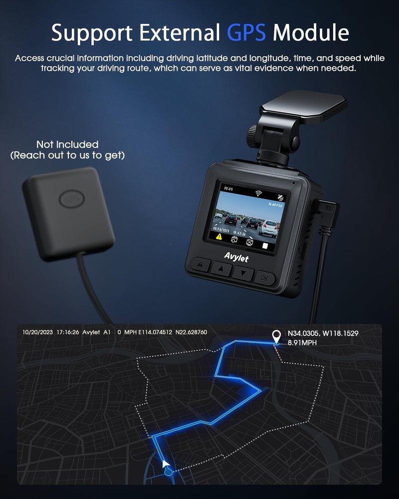 Avylet 2K Dash Cam with 32 GB Card, 1.5'' IPS Screen, External GPS, WiFi Dash Camera for Cars, Front Dashcams for Cars with APP, WDR, Night Vision, 24 Hours Parking Monitor, G-Sensor, Loop Recording - Image 4