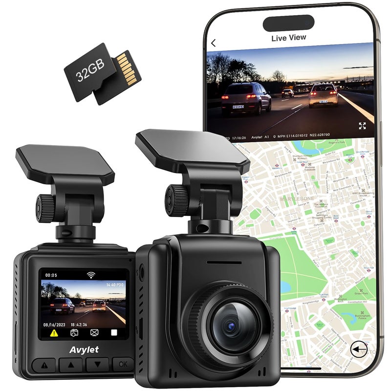 Avylet 2K Dash Cam with 32 GB Card, 1.5'' IPS Screen, External GPS, WiFi Dash Camera for Cars, Front Dashcams for Cars with APP, WDR, Night Vision, 24 Hours Parking Monitor, G-Sensor, Loop Recording - Image 1
