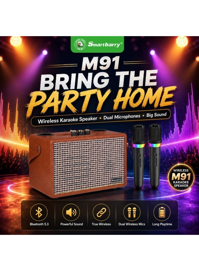Smartbarry M91 Wireless Karaoke Speaker with 2 Wireless Microphones | Portable Bluetooth Party Speaker, Retro Brown Design, USB & AUX Support, Rechargeable Home & Outdoor Sound System - Image 5