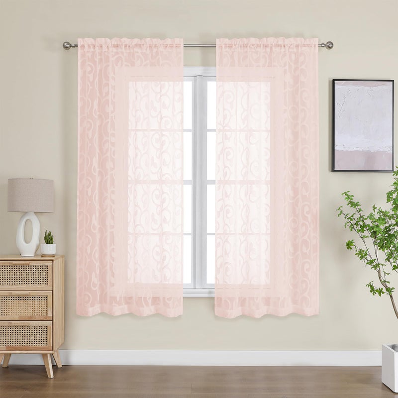 OWENIE Furman Blush Sheer Curtains 63 inch Length for Bedroom Living Room 2 Panels Set  Jacquard Clip Textured Pink Sheer Curtains  Light Filtering Rod Pocket Farmhouse Window Treatments  40Wx63L inch - Image 2