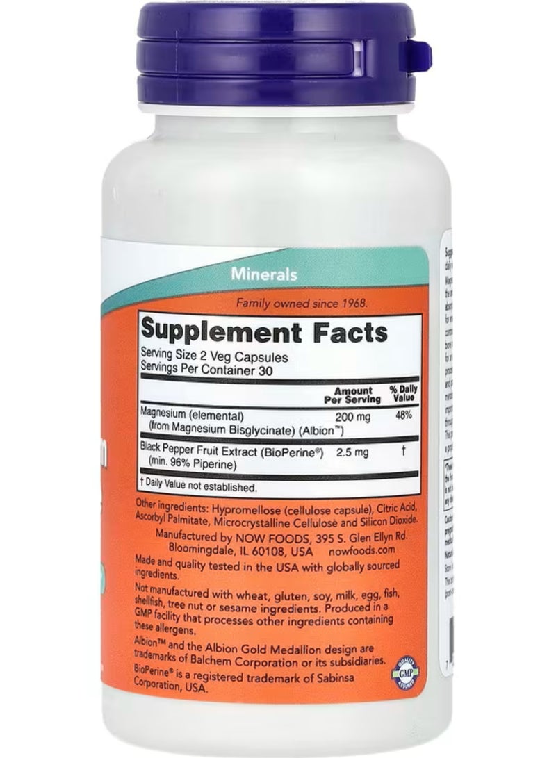 ناو NOW Foods، مغنيسيوم جليسينات مع بيوبيرين®، 60 كبسولة نباتية - Image 2