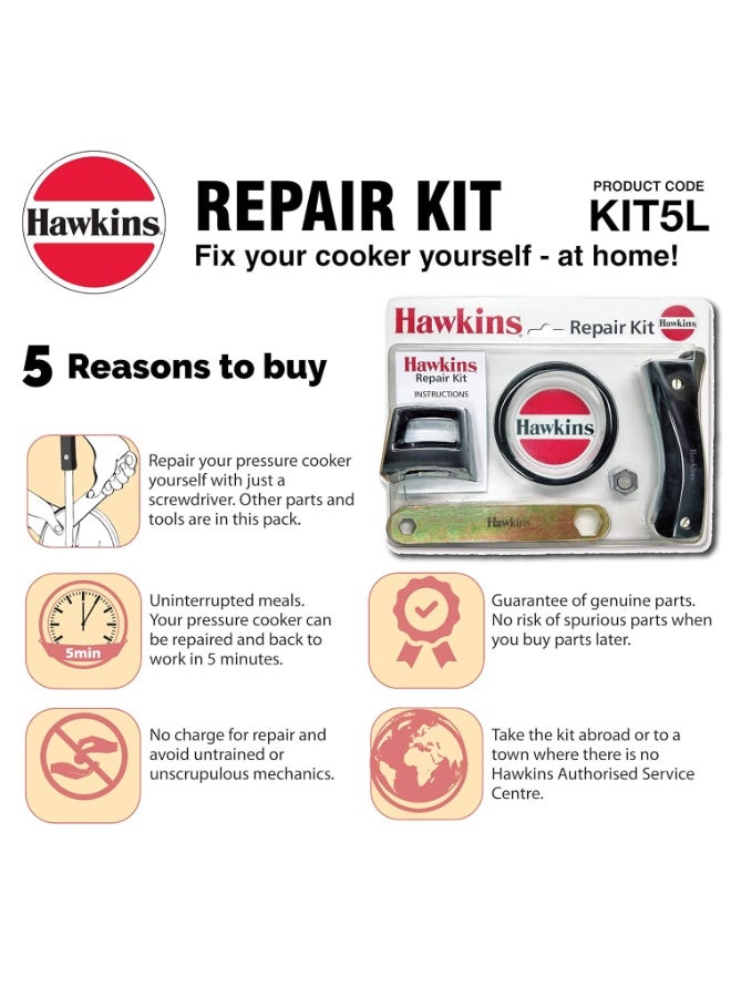 طقم إصلاح طنجرة الضغط البلاستيكية من هوكينز، يشمل حشية الطنجرة، وصمام الأمان، ومقابض الهيكل، ومفتاح ربط (Kit5L)، أسود قياسي، 5 لتر