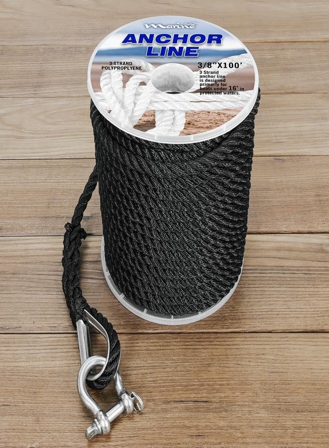 MARINE SYSTEM Boat Anchor Line 3 Strand Anchor Rope Black White Grey 3/8 Inch 50FT 100FT 150FT with Stainless Steel Thimble and Shackle for Boat (3/8" x100' Black) - Image 1