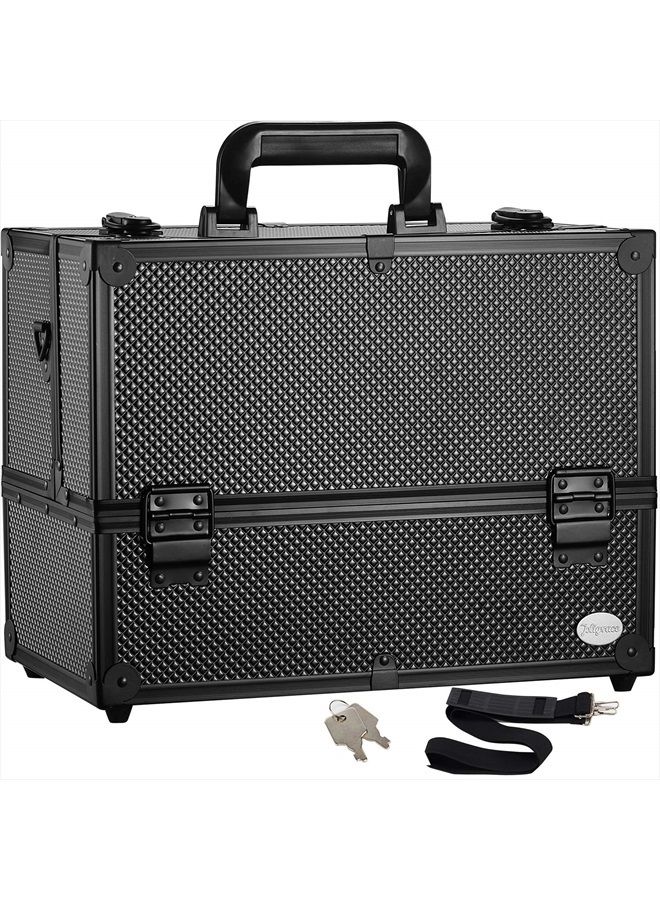 Joligrace Makeup Train Case Professional Adjustable - 6 Trays Cosmetic Cases Makeup Storage Organizer Box with Lock and Compartments 14 Inch Large Black - Image 1