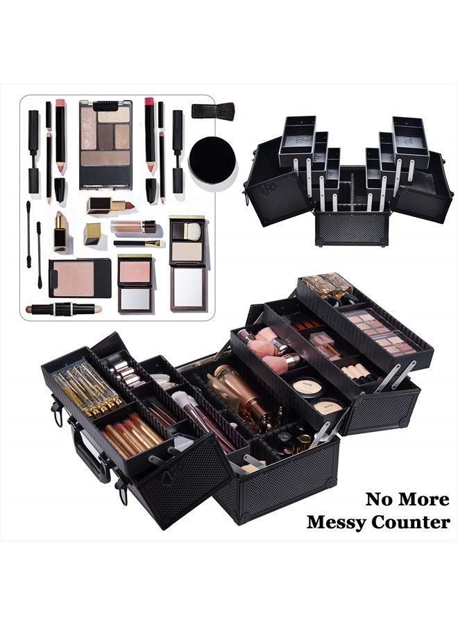 Joligrace Makeup Train Case Professional Adjustable - 6 Trays Cosmetic Cases Makeup Storage Organizer Box with Lock and Compartments 14 Inch Large Black - Image 3