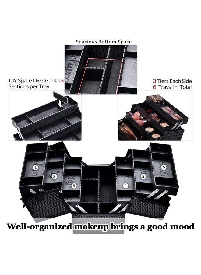 Joligrace Makeup Train Case Professional Adjustable - 6 Trays Cosmetic Cases Makeup Storage Organizer Box with Lock and Compartments 14 Inch Large Black - Image 2