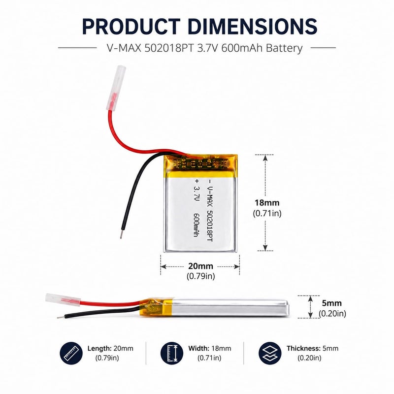 502018 Rechargeable Lithium Polymer Battery 3.7V 600mAh for Smart Watches, GPS Trackers and Electronic Devices - Image 2