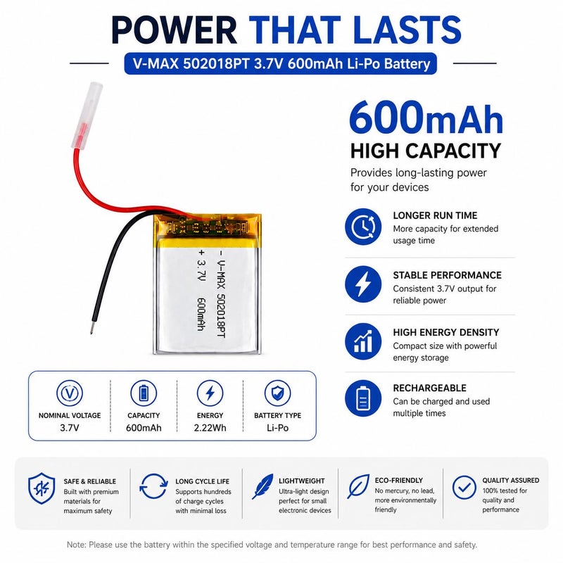 502018 Rechargeable Lithium Polymer Battery 3.7V 600mAh for Smart Watches, GPS Trackers and Electronic Devices - Image 5