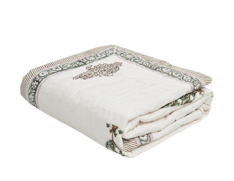 AARMOZY Hand Block Quilt Cotton Double Bed Jaipur Razai Buta Print Olive Green 90X108 INCHE - Image 1