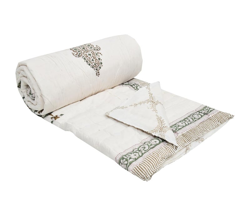 AARMOZY Hand Block Quilt Cotton Double Bed Jaipur Razai Buta Print Olive Green 90X108 INCHE - Image 3