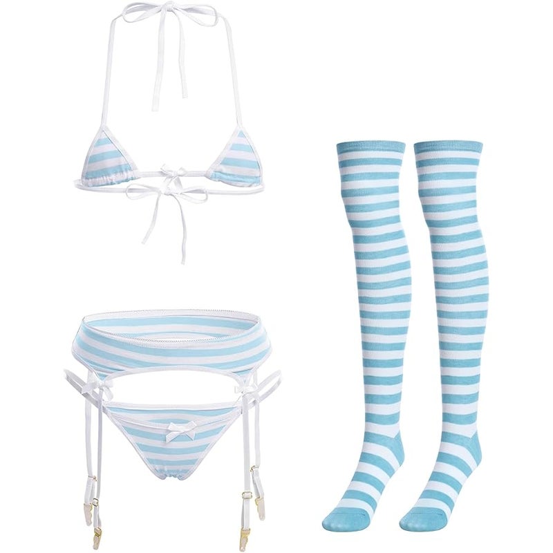 ABAFIP Women Cute Kawaii Anime Lingerie set Halter Strap Micro Bra Tiny Panty Garter Belt Striped Stockings 4Pcs Underwear - Image 1