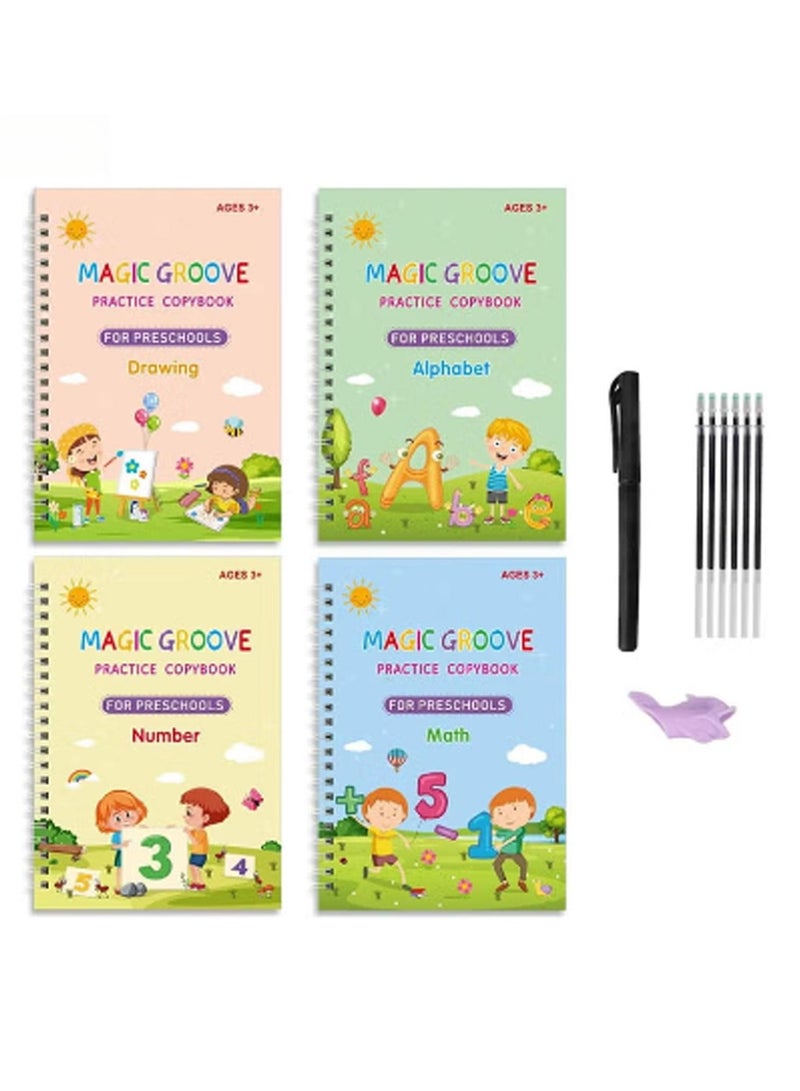 TEGRILO Handwriting Copybook Magic Calligraphy Practice Book For Kids, Reusable Tracing Practice kit. Included Easy Grip Pen  Refill 4 books Math Numbers English Alphabet Drawing A5(Pen Holder  Color is random) - Image 1