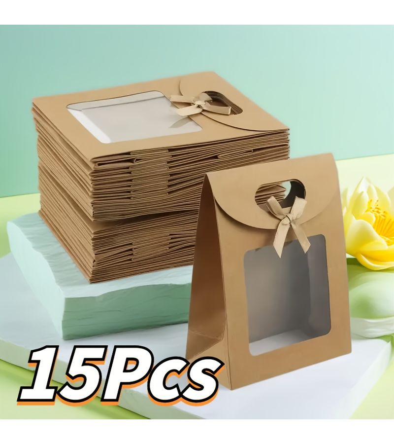 حقائب هدايا أنيقة من ورق الكرافت، 15 قطعة، بتصميم قائم مع نافذة شفافة وإغلاق بحبل الجوت - Image 3