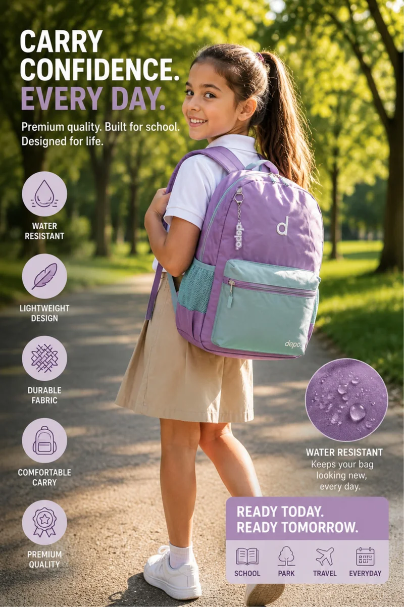 Depo DEPO 4-Piece School Set for Kids – Purple & Mint Green, 44cm Backpack with Insulated Lunch Bag, Pencil Case & 500ml Stainless Steel Water Bottle