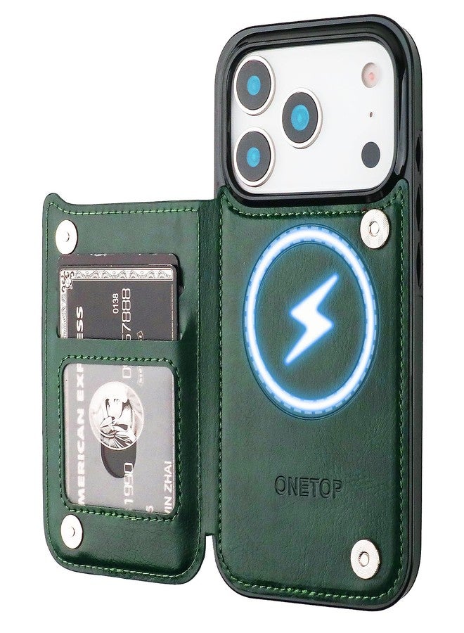 OT ONETOP جراب محفظة متوافق مع Magsafe لهاتف iPhone 17 Pro من ONETOP مع حامل بطاقات، مصنوع من جلد PU مع مسند، مزود بتقنية حجب RFID، ومشبك مغناطيسي مزدوج، وغطاء متين مقاوم للصدمات، مقاس 6.3 بوصة (أخضر). - Image 1