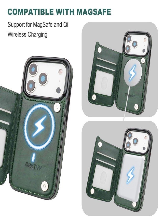 OT ONETOP جراب محفظة متوافق مع Magsafe لهاتف iPhone 17 Pro من ONETOP مع حامل بطاقات، مصنوع من جلد PU مع مسند، مزود بتقنية حجب RFID، ومشبك مغناطيسي مزدوج، وغطاء متين مقاوم للصدمات، مقاس 6.3 بوصة (أخضر). - Image 5
