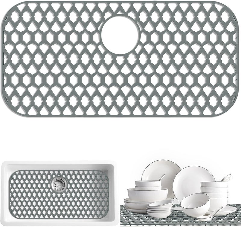 SAMSIER Sink Protectors for Kitchen Sink 13x11 &16x12 &19x13 &19x14 &21x16 &22x13 &24x13 &26x14 &28x14 &30x14 &30x16, Farmhouse Silicone Mats Grid for Bottom (28”x14.4”, Rear Drain) - Image 1