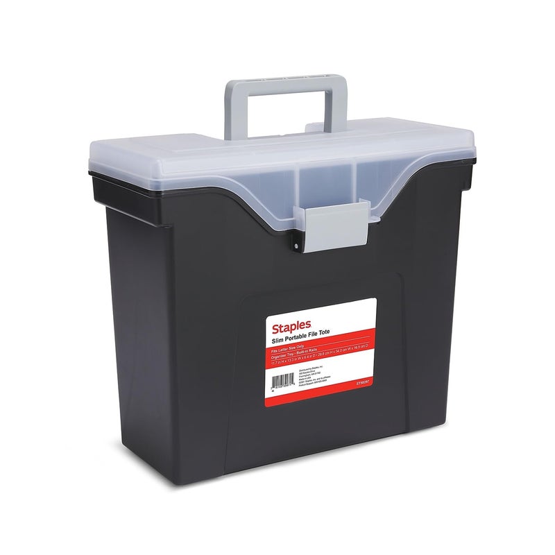 STAPLES File Box - Portable Storage Organizer, Letter Size, Black with Lift-Off Lid & Easy-Grip Handle - Image 1