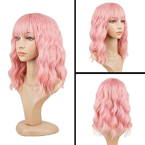 PHOENIXFLY Pink Wavy Wigs With Bangs Short Bob Wig for Women Curly Synthetic Cosplay Wig for Girls Daily Use Colorful Wigs(14 Inch,Pink) - Image 2