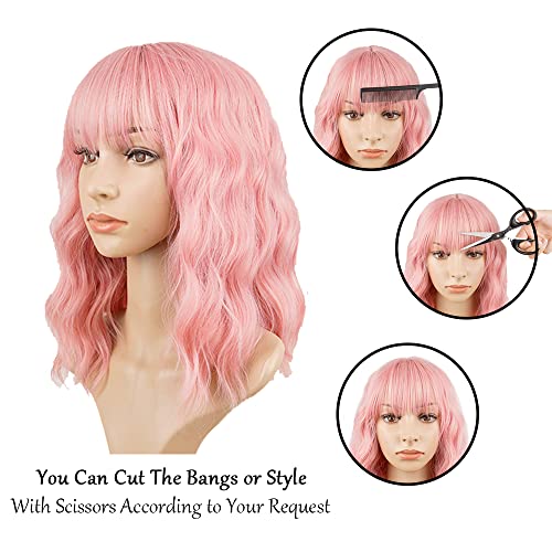 PHOENIXFLY Pink Wavy Wigs With Bangs Short Bob Wig for Women Curly Synthetic Cosplay Wig for Girls Daily Use Colorful Wigs(14 Inch,Pink) - Image 3