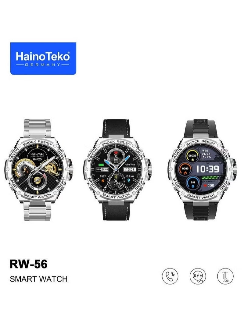 HainoTeko RW56 Round Shape AMOLED Display Smart Watch for Men & Boys, Silver with 3 Pair Straps, Wireless Charger, Fitness Tracker, Waterproof, AI Voice Assistance - Image 1
