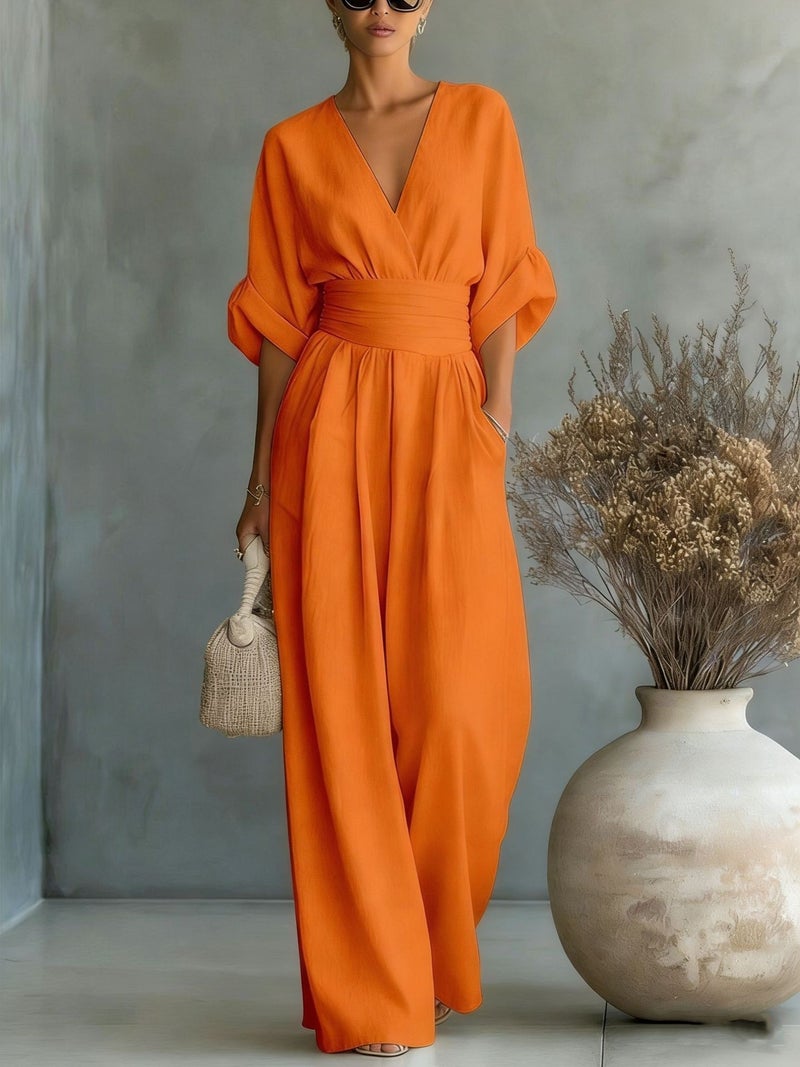 2026 European and American Cross-Border Spring/Summer New Elegant High-Waisted V-Neck Jumpsuit