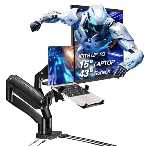 AVLT Dual 17”-43" Monitor Arm Desk Mount with 15" Laptop Tray and USB-C&A Docking Station 5Gbps, HDMI 4K60Hz, Ethernet, 100W PD, Fits Two Flat/Curved Monitor - Black - Image 1