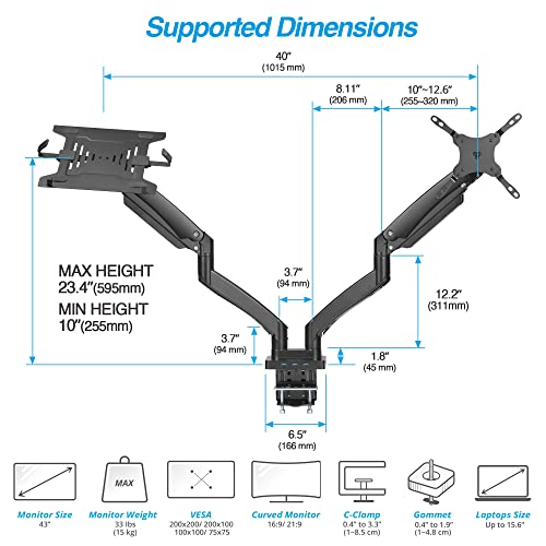AVLT Dual 17”-43" Monitor Arm Desk Mount with 15" Laptop Tray and USB-C&A Docking Station 5Gbps, HDMI 4K60Hz, Ethernet, 100W PD, Fits Two Flat/Curved Monitor - Black - Image 4