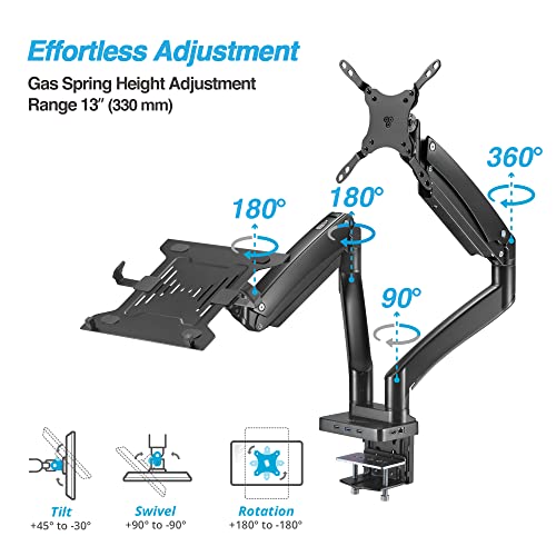 AVLT Dual 17”-43" Monitor Arm Desk Mount with 15" Laptop Tray and USB-C&A Docking Station 5Gbps, HDMI 4K60Hz, Ethernet, 100W PD, Fits Two Flat/Curved Monitor - Black - Image 5