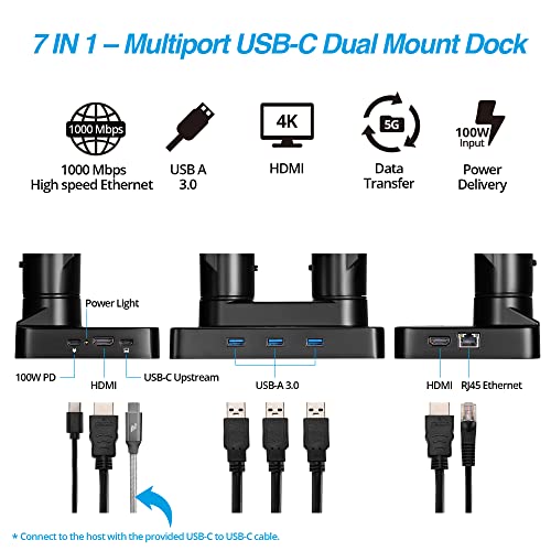 AVLT Dual 17”-43" Monitor Arm Desk Mount with 15" Laptop Tray and USB-C&A Docking Station 5Gbps, HDMI 4K60Hz, Ethernet, 100W PD, Fits Two Flat/Curved Monitor - Black - Image 3