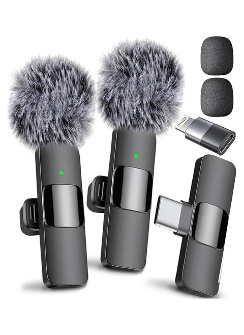 Wireless Lavalier Microphone Compatible with iPhone/iPad/Android Phone/Laptop, Plug-Play Lapel Clip-On Mic with Noise Reduction for Video Recording/Live Steam/Interview/TikTok/YouTube(2 Mics)