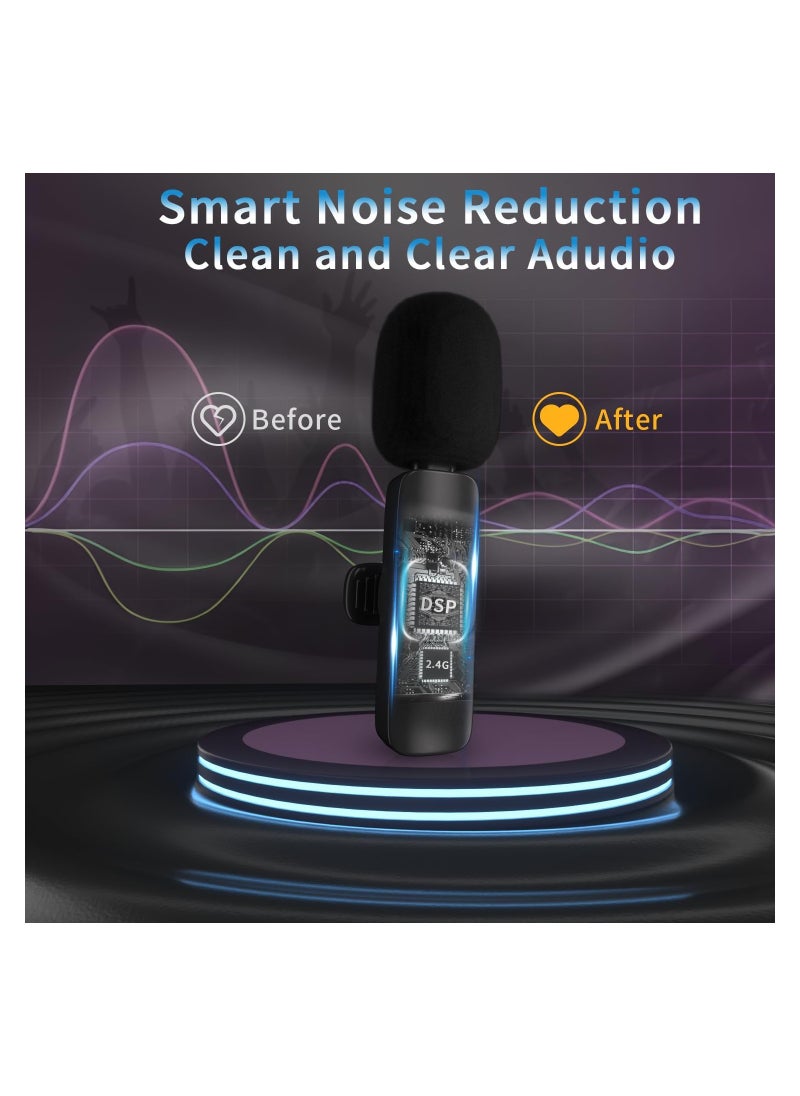 Wireless Lavalier Microphone Compatible with iPhone/iPad/Android Phone/Laptop, Plug-Play Lapel Clip-On Mic with Noise Reduction for Video Recording/Live Steam/Interview/TikTok/YouTube(2 Mics)