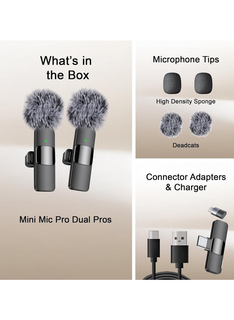 Wireless Lavalier Microphone Compatible with iPhone/iPad/Android Phone/Laptop, Plug-Play Lapel Clip-On Mic with Noise Reduction for Video Recording/Live Steam/Interview/TikTok/YouTube(2 Mics)