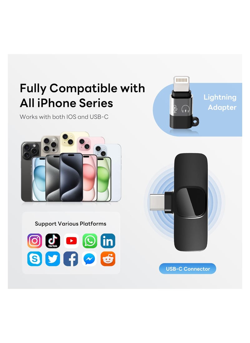 Wireless Lavalier Microphone Compatible with iPhone/iPad/Android Phone/Laptop, Plug-Play Lapel Clip-On Mic with Noise Reduction for Video Recording/Live Steam/Interview/TikTok/YouTube(2 Mics)