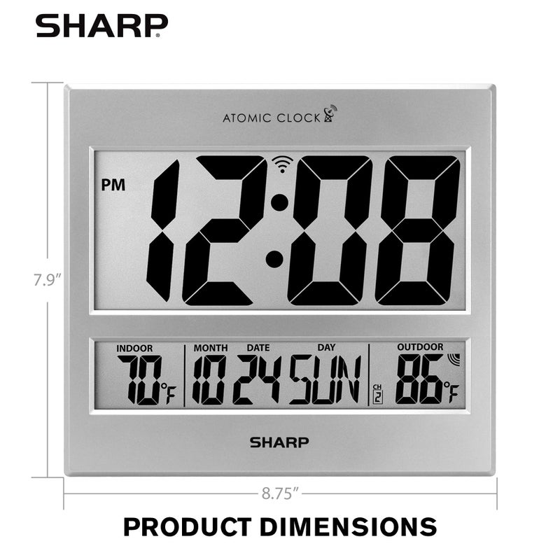 Sharp Atomic Clock - Atomic Accuracy - Never Needs Setting! -Silver Tech Style - Jumbo 3" Easy to Read Numbers - Indoor/Outdoor Temperature Display with Wireless Outdoor Sensor - Easy Set-Up! - Image 5