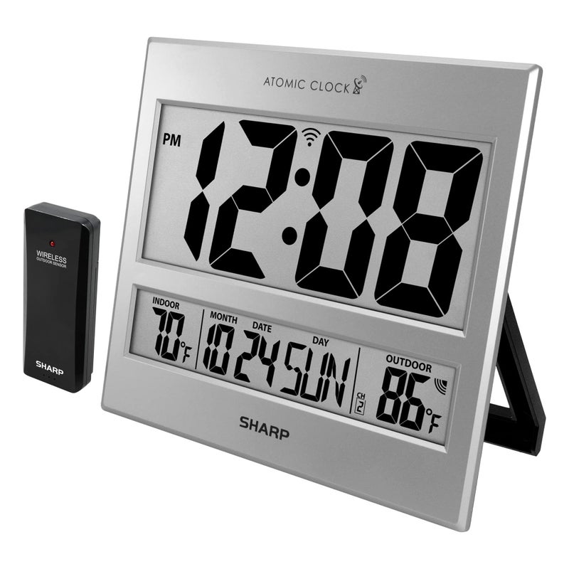 Sharp Atomic Clock - Atomic Accuracy - Never Needs Setting! -Silver Tech Style - Jumbo 3" Easy to Read Numbers - Indoor/Outdoor Temperature Display with Wireless Outdoor Sensor - Easy Set-Up! - Image 1