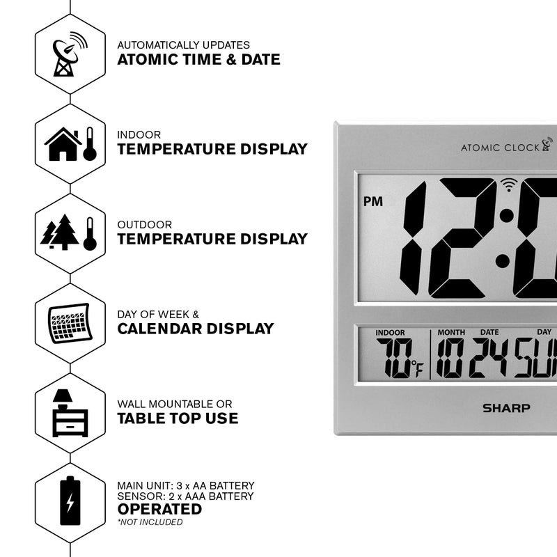Sharp Atomic Clock - Atomic Accuracy - Never Needs Setting! -Silver Tech Style - Jumbo 3" Easy to Read Numbers - Indoor/Outdoor Temperature Display with Wireless Outdoor Sensor - Easy Set-Up! - Image 3