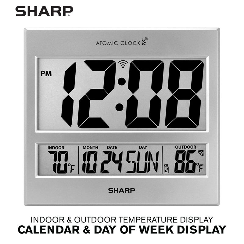 Sharp Atomic Clock - Atomic Accuracy - Never Needs Setting! -Silver Tech Style - Jumbo 3" Easy to Read Numbers - Indoor/Outdoor Temperature Display with Wireless Outdoor Sensor - Easy Set-Up! - Image 2