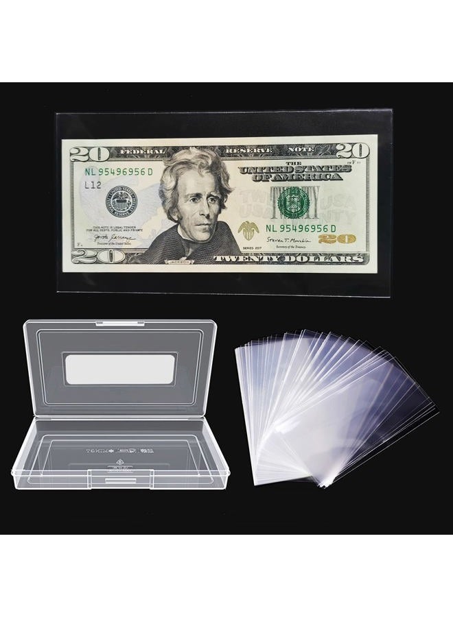 MUDOR Dollar Bill Holder with Storage Case, PP Material 100 Pieces Clear Paper Money Currency Collection Sleeves Protector Bag, Banknotes Protector Slab Holder - Image 1