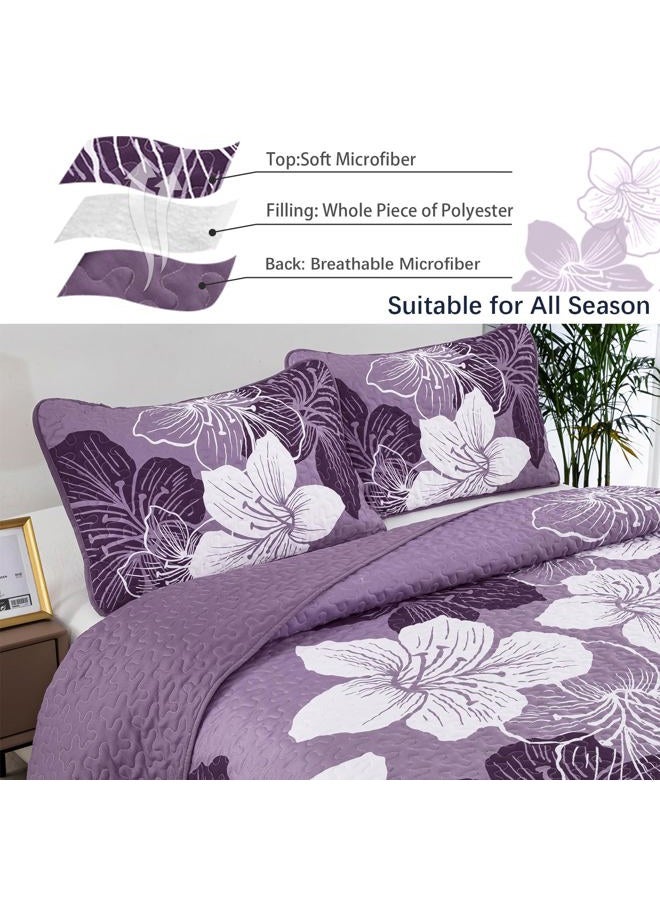 DJY 3 Pieces Quilt Set California King Dark Purple Floral Pattern Quilt Coverlet Set Elegant Boho Bedspread with 2 Pillow Cases Soft Botanical Bedding Quilt Set for Teens Adults 96""x 106"" - Image 4