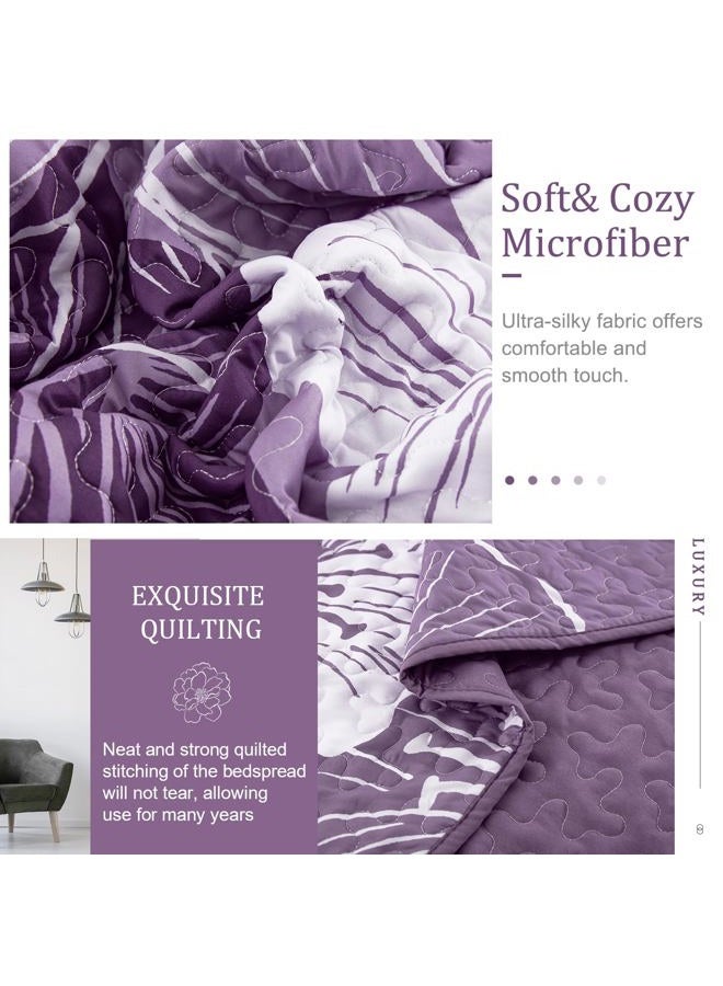 DJY 3 Pieces Quilt Set California King Dark Purple Floral Pattern Quilt Coverlet Set Elegant Boho Bedspread with 2 Pillow Cases Soft Botanical Bedding Quilt Set for Teens Adults 96""x 106"" - Image 5