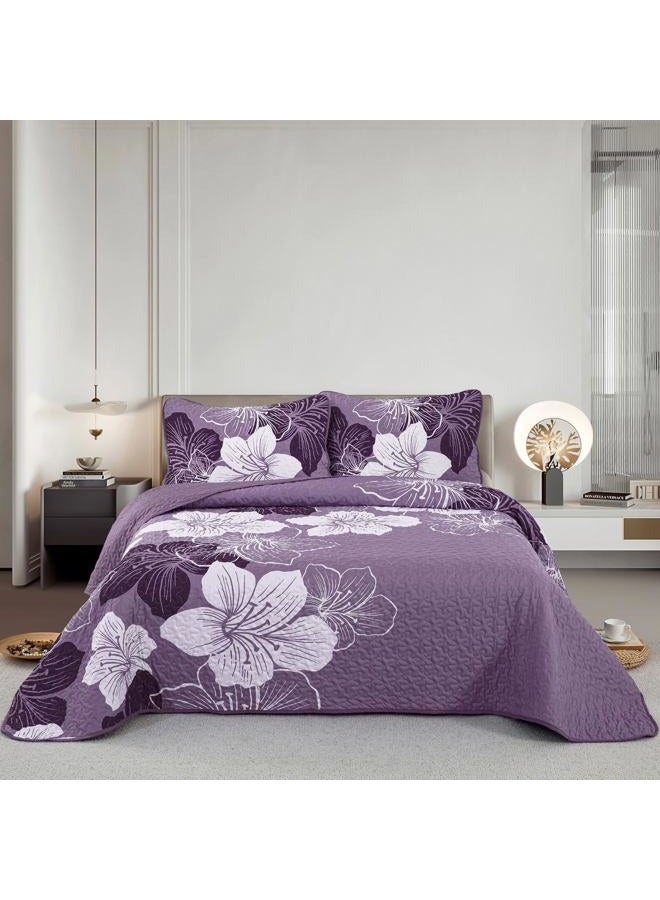 DJY 3 Pieces Quilt Set California King Dark Purple Floral Pattern Quilt Coverlet Set Elegant Boho Bedspread with 2 Pillow Cases Soft Botanical Bedding Quilt Set for Teens Adults 96""x 106"" - Image 1