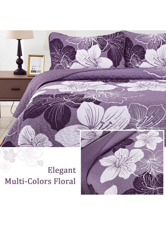 DJY 3 Pieces Quilt Set California King Dark Purple Floral Pattern Quilt Coverlet Set Elegant Boho Bedspread with 2 Pillow Cases Soft Botanical Bedding Quilt Set for Teens Adults 96""x 106"" - Image 3