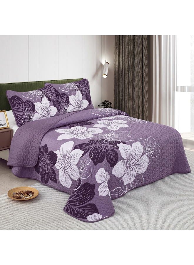 DJY 3 Pieces Quilt Set California King Dark Purple Floral Pattern Quilt Coverlet Set Elegant Boho Bedspread with 2 Pillow Cases Soft Botanical Bedding Quilt Set for Teens Adults 96""x 106"" - Image 2