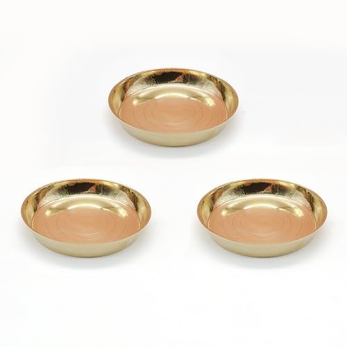 TORPPEZA Brass Plain Design Heavy Plate for Store kumkum, haldi, akshat, Prashad/Heavy Small thali for Pooja Purpose Round Shape Plate (Size - 8.5cm) Pack of 3 - Image 1
