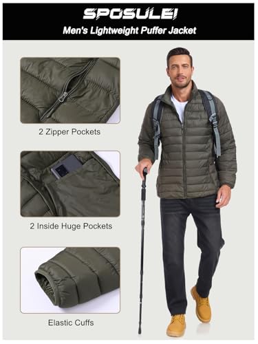 SPOSULEI Puffer Jacket for Men Packable Lightweight Winter Warm Down Jackets Coats Outdoor Insulated Water Resistant Travel Hiking Camping Jacket with Pockets Army Green L - Image 5